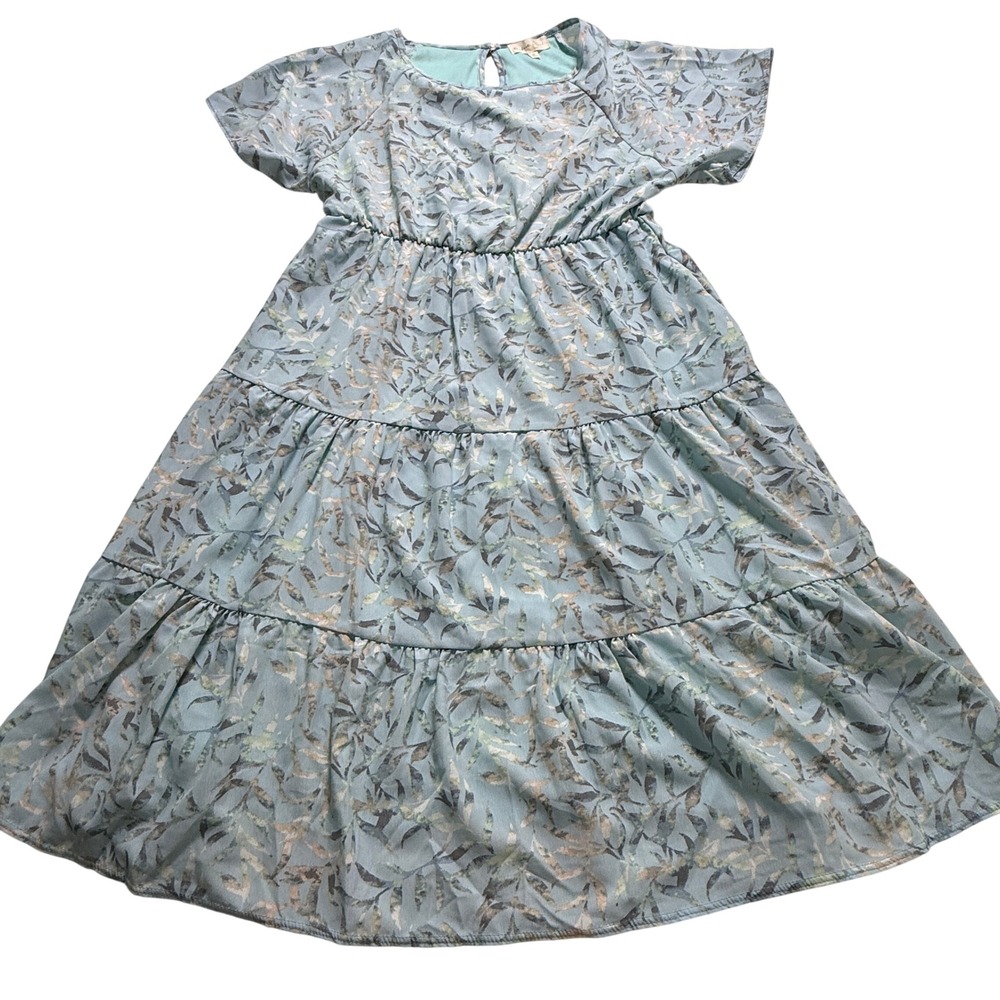 Perfect Peach Tiered Dress Wms SZ M Cottagecore Blue Botanical Print Pockets